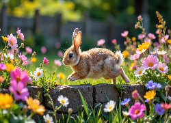 Królik, Kolorowe, Kwiaty, Murek