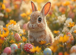Królik, Pisanki, Kwiaty, Wielkanoc, Grafika AI