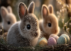 Króliki, Pisanki, Koszyk, Wielkanoc, Grafika AI