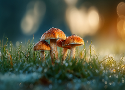 Rude, Grzyby, Trawa, Bokeh, Grafika, Ai