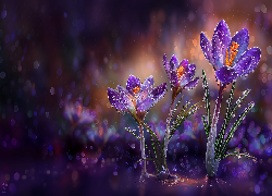 Fioletowe, Krokusy, Kwiaty, Krople, Grafika AI