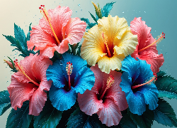 Kwiaty, Hibiskusy, Różowe, Niebieskie, Żółty, Liście, Krople, Grafika