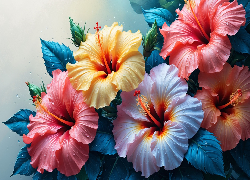 Kwiaty, Kolorowe, Hibiskusy, Krople, Zbliżenie