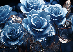 Niebieskie, Kwiaty, Róże, Listki, Krople, 2D