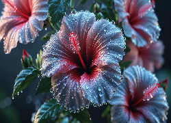 Mokre, Hibiskusy, Kwiaty, Krople, Grafika
