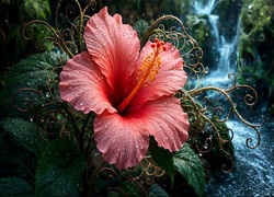 Hibiskus, Kwiat, Krople, Grafika AI