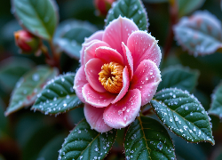 Różowy, Kwiat, Kamelia, Listki, Krople