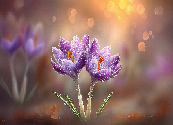 Dwa, Fioletowe, Krokusy, Grafika AI