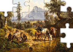 Reprodukcja obrazu, Friedrich Gauermann, Rzeka, Góry, Chłopiec, Dom, Drzewa, Kozy, Krowy, Wieś