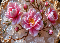 Różowe, Kwiaty, Gałązki, Pąki, Kryształy