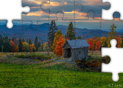 Jesień, Góry, Drzewa, Zadaszony, Most, AM Foster Covered Bridge, Pole, Zachód słońca, Cabot, Stan Vermont, Stany Zjednoczone