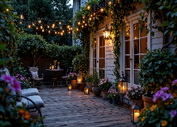 Dom, Taras, Krzesła, Stolik, Lampiony, Kwiaty, Rośliny, Oświetlenie