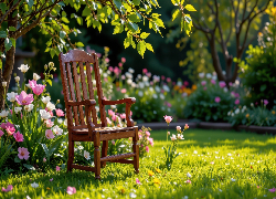 Ogród, Krzesło, Kwiaty, Drzewo