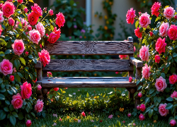 Drewniana, Ławka, Różowe, Czerwone, Róże