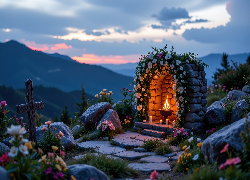 Miejsce, Upamiętniające, Murowana, Kapliczka, Płonący, Znicz, Kamienie, Kwiaty, Krzyż