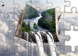 Grafika, 4D, Chmury, Księga, Wodospad, Rzeka, Drzewa