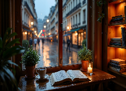 Okno, Stół, Książka, Półki, Książki, Świeczka, Pokój