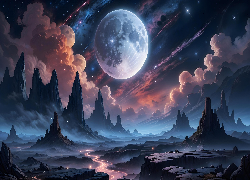 Księżyc, Góry, Chmury, Fantasy