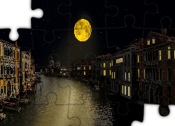 Kanał, Canal Grande, Domy, Noc, Księżyc, Wenecja, Włochy