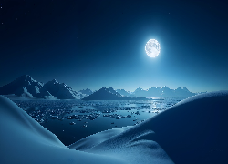 Góry, Morze, Niebo, Księżyc, Zima