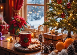 Boże Narodzenie, Choinka, Pomarańcze, Kubek, Ciasteczka, Prezent
