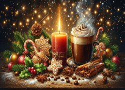 Świąteczne, Kubek, Kawa, Świeca, Pierniczki