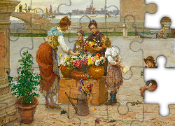 Malarstwo, Obraz, Antonio Ermolao Paoletti, Kwiaciarka, Kobieta, Dzieci, Kwiaty, Morze, Łódki, Budowle