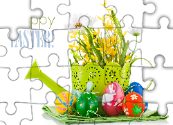 Wielkanoc, Pisanki, Konewka, Kwiaty, Napis, Happy Easter