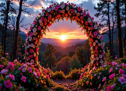 Kwiatowy, Łuk, Kwiaty, Drzewa, Chmury, Zachód słońca