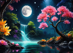 Kwiaty, Drzewa, Księżyc, Wodospad 2D