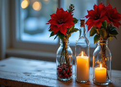 Kwiaty, Gwiazda betlejemska, Szklane, Naczynia, Świece, Okno