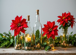 Kwiaty, Gwiazda betlejemska, Butelki, Słoiki, Świeca, Zielone, Rośliny, Kompozycja