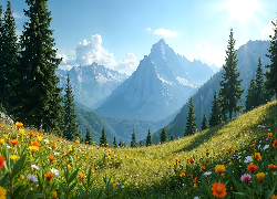 Łąka, Polne, Kwiaty, Drzewa, Góry