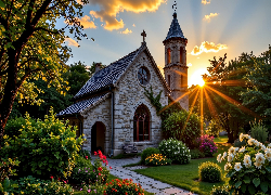 Kościół, Kwiaty, Drzewa, Promienie słońca, Grafika AI