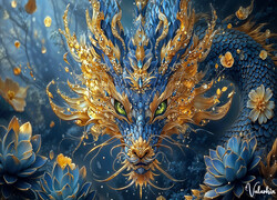 Fantasy, Złoto-niebieski, Smok, Głowa, Kwiaty