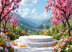 Podium, Kolorowe, Kwiaty, Kwitnące, Drzewa, Wiosna, Góry