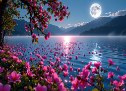 Jezioro, Góry, Noc, Księżyc, Rośliny, Czerwone, Kwiaty, Kwitnące, Drzewo