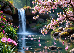 Las, Mały, Wodospad, Rzeka, Skała, Kwiaty, Drzewa, Rośliny, Wiosna