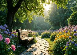 Park, Drzewa, Kwiaty, Ławka, Ścieżka, Kamienista