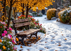 Ławka, Kwiaty, Drzewa, Krzewy, Pożółkłe, Liście, Śnieg, Park