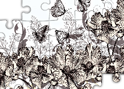 Kwiaty, Motyle, Sepia, 2D