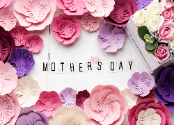 Dzień Matki, Napis, Mothers Day, Kolorowe, Róże, Białe, Deski