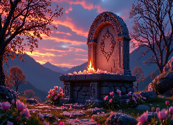 Pomnik, Tablica, Upamiętniająca, Ogień, Różowe, Kwiaty, Kamienie, Drzewa, Góry