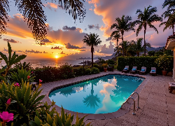 Basen, Ogród, Palmy, Kwiaty, Zachód słońca, Morze, Leżaki