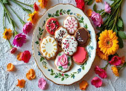 Udekorowane, Ciasteczka, Talerz, Kolorowe, Kwiaty, Gerbery, Białe, Tło