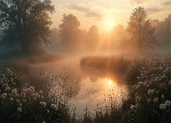 Jezioro, Rośliny, Drzewa, Mgła, Świt, Grafika AI