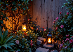 Ogród, Różowe, Kwiaty, Dwa, Lampiony, Ściana, Deski, Płaskie, Kamienie