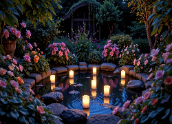 Ogród, Oczko wodne, Kwiaty, Świece