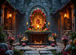 Ołtarz, Kamienna, Budowla, Kwiaty, Świece, Wieniec, Latarnie, Chiński, Znak