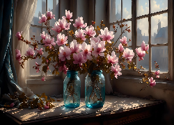 Kwiaty, Magnolia, Słoiki, Stół, Okno